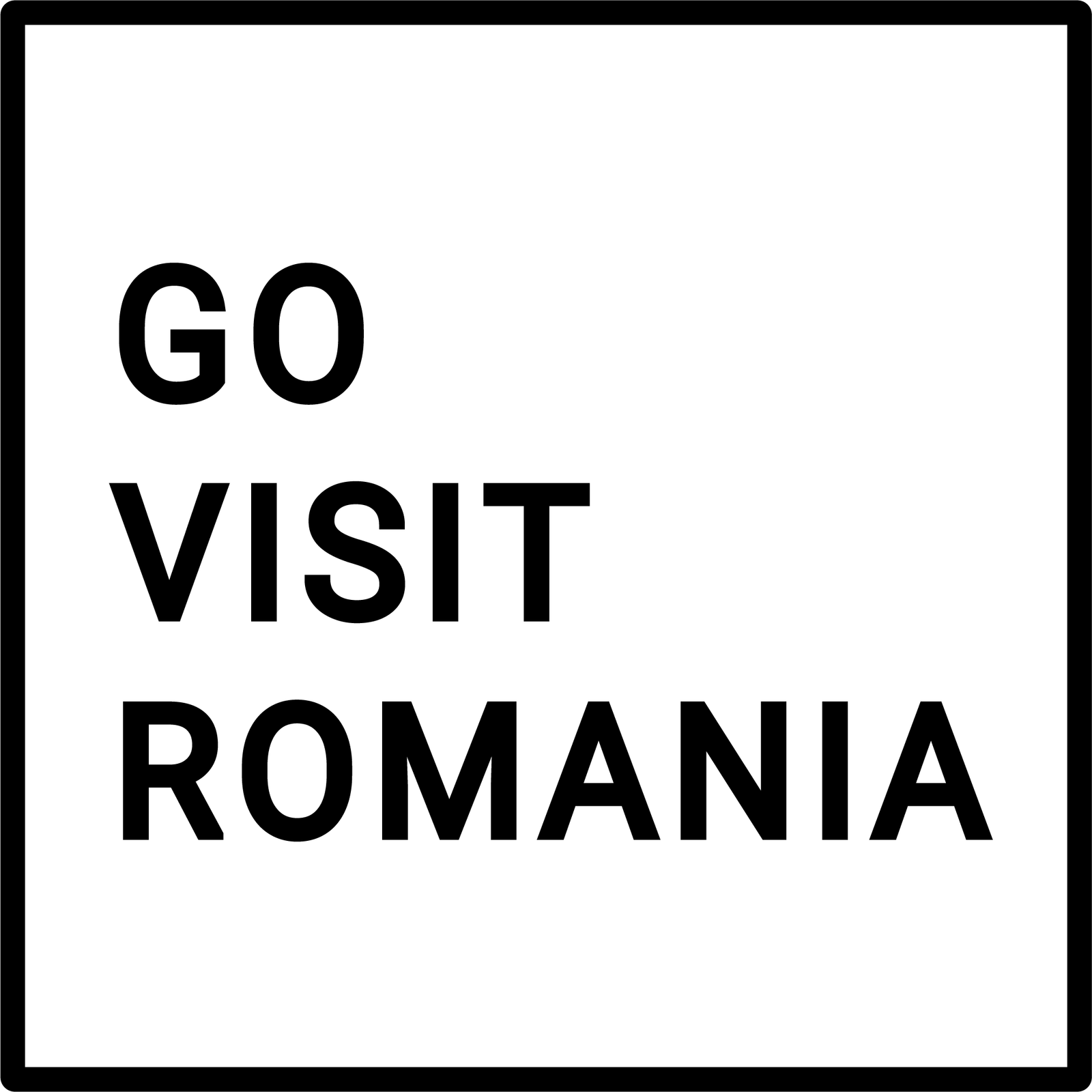 Go Visit Romania logo in bold black uppercase letters, arranged in three stacked lines inside a thin black square frame on a white background.